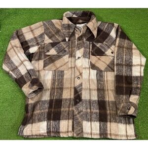 Vintage 1970s Plaid Jacket LG Wool Linen Chore Coat Sherpa Lined Heavy Coat